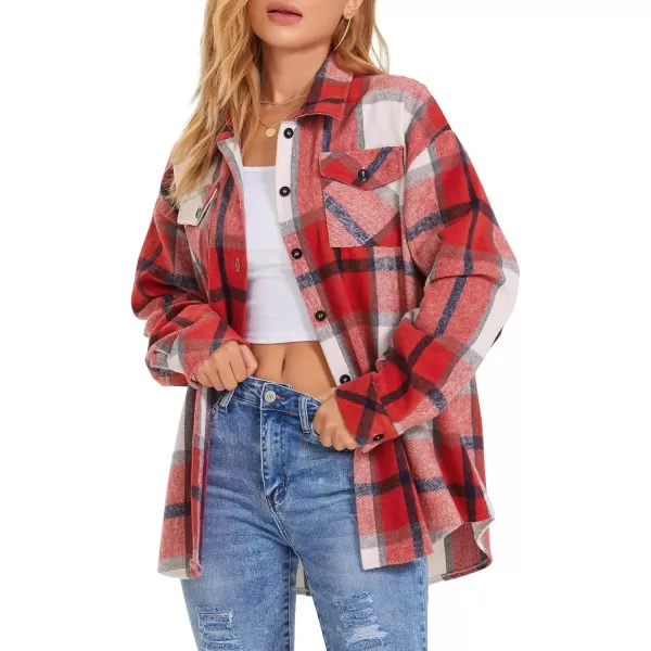 imageATHMILE Womens Casual Plaid Shacket Button Down Long Sleeve Shirt Fall Clothes for Women Tops SweaterRed