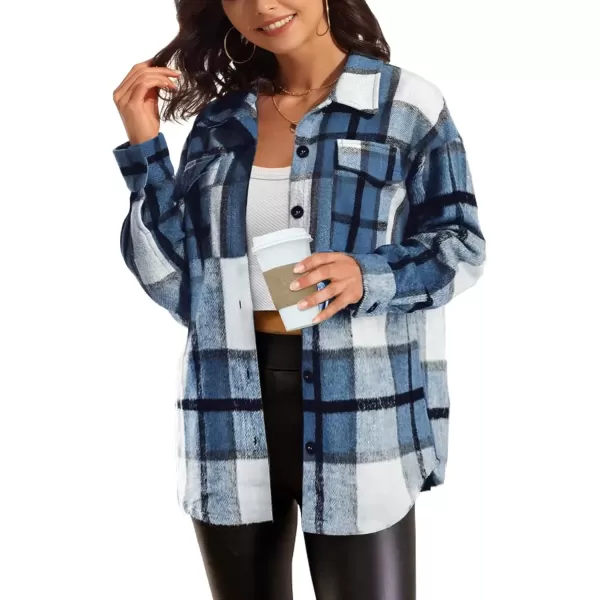 imageATHMILE Womens Casual Plaid Shacket Button Down Long Sleeve Shirt Fall Clothes for Women Tops SweaterBlue