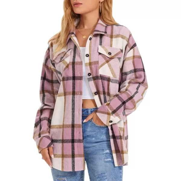 imageATHMILE Womens Casual Plaid Shacket Button Down Long Sleeve Shirt Fall Clothes for Women Tops SweaterPink