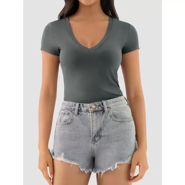 imageATHMILE Womens Deep V Neck Short Sleeve Slim Fit T Shirt Tops TeeDarkgrey