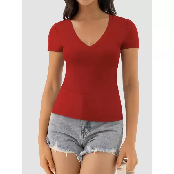 imageATHMILE Womens Deep V Neck Short Sleeve Slim Fit T Shirt Tops TeeRed