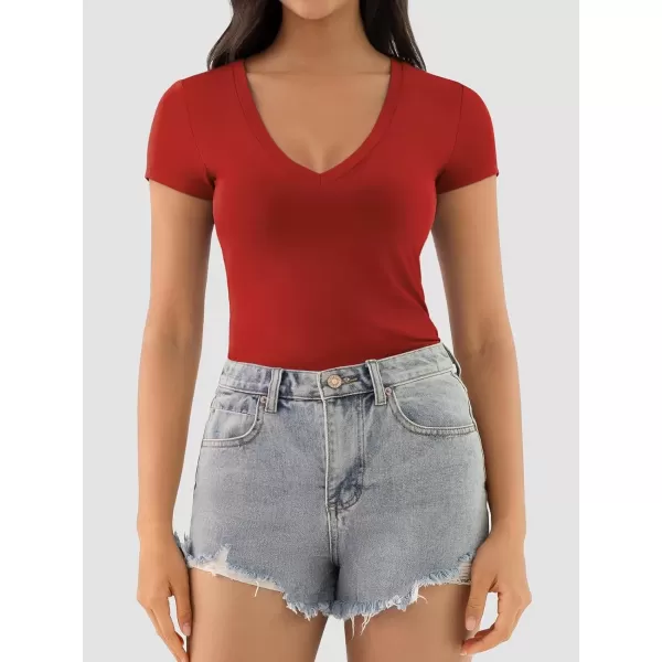 imageATHMILE Womens Deep V Neck Short Sleeve Slim Fit T Shirt Tops TeeRed