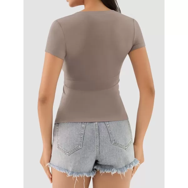 imageATHMILE Womens Deep V Neck Short Sleeve Slim Fit T Shirt Tops TeeCoffee