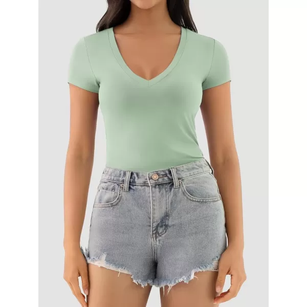 imageATHMILE Womens Deep V Neck Short Sleeve Slim Fit T Shirt Tops TeeGreygreen