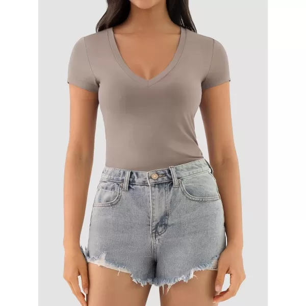 imageATHMILE Womens Deep V Neck Short Sleeve Slim Fit T Shirt Tops TeeCoffee