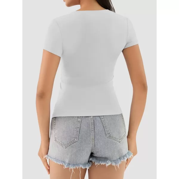 imageATHMILE Womens Deep V Neck Short Sleeve Slim Fit T Shirt Tops TeeWhite