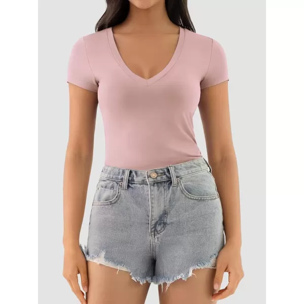 imageATHMILE Womens Deep V Neck Short Sleeve Slim Fit T Shirt Tops TeeDarkpink