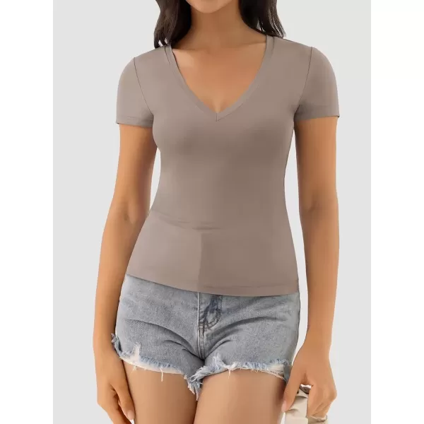 imageATHMILE Womens Deep V Neck Short Sleeve Slim Fit T Shirt Tops TeeCoffee