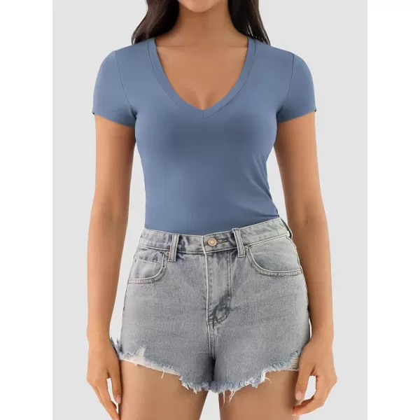 imageATHMILE Womens Deep V Neck Short Sleeve Slim Fit T Shirt Tops TeeHazeblue