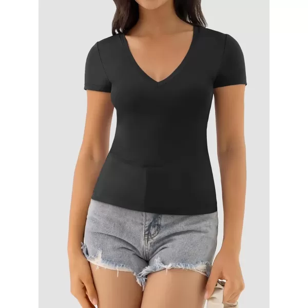 imageATHMILE Womens Deep V Neck Short Sleeve Slim Fit T Shirt Tops TeeBlack