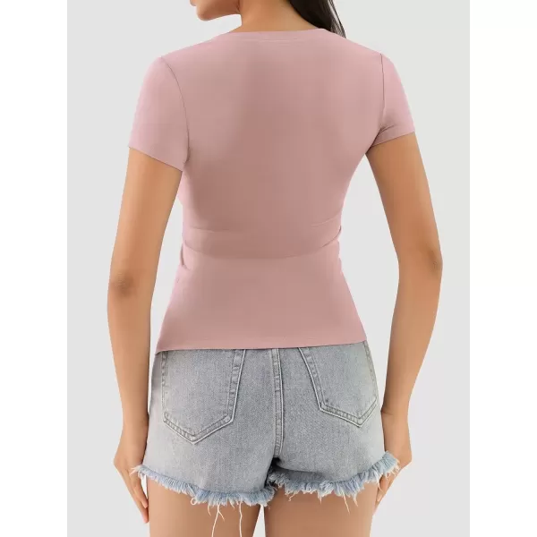 imageATHMILE Womens Deep V Neck Short Sleeve Slim Fit T Shirt Tops TeeDarkpink