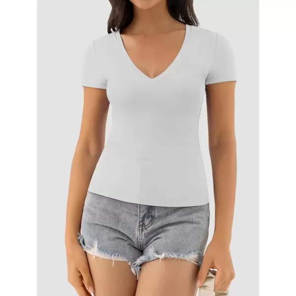 imageATHMILE Womens Deep V Neck Short Sleeve Slim Fit T Shirt Tops TeeWhite