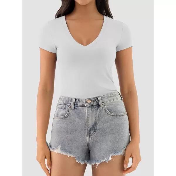 imageATHMILE Womens Deep V Neck Short Sleeve Slim Fit T Shirt Tops TeeWhite