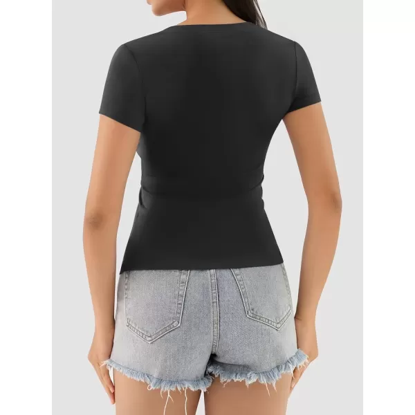 imageATHMILE Womens Deep V Neck Short Sleeve Slim Fit T Shirt Tops TeeBlack