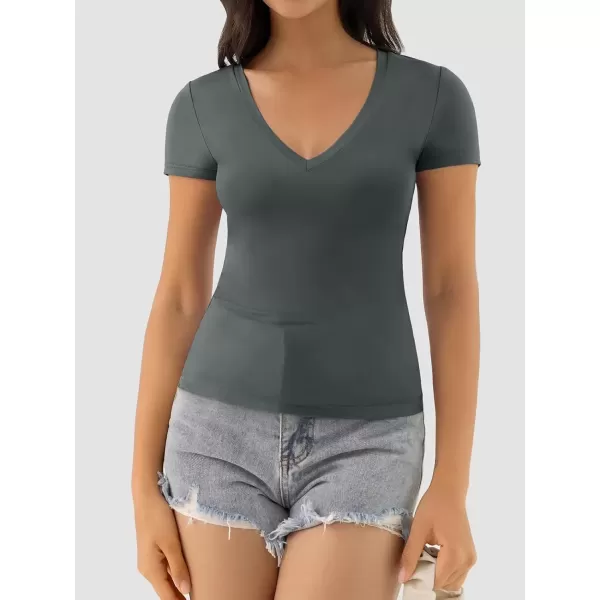 imageATHMILE Womens Deep V Neck Short Sleeve Slim Fit T Shirt Tops TeeDarkgrey