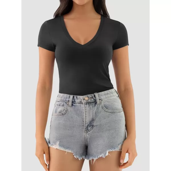 imageATHMILE Womens Deep V Neck Short Sleeve Slim Fit T Shirt Tops TeeBlack