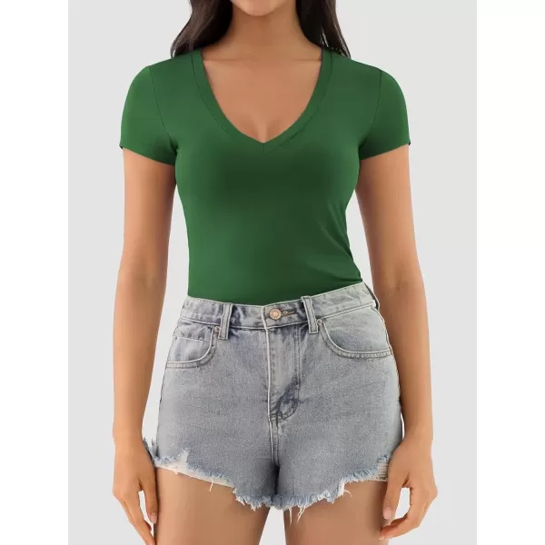 imageATHMILE Womens Deep V Neck Short Sleeve Slim Fit T Shirt Tops TeeDeepgreen