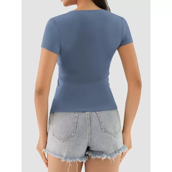 imageATHMILE Womens Deep V Neck Short Sleeve Slim Fit T Shirt Tops TeeHazeblue