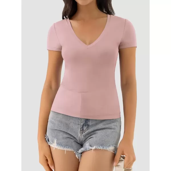 imageATHMILE Womens Deep V Neck Short Sleeve Slim Fit T Shirt Tops TeeDarkpink