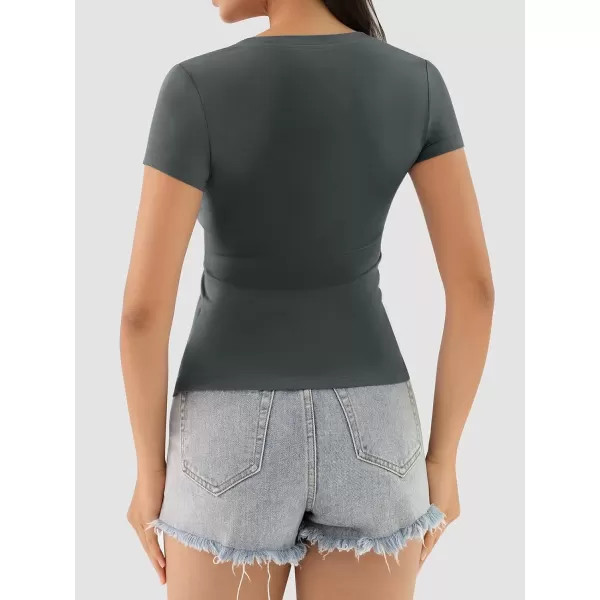 imageATHMILE Womens Deep V Neck Short Sleeve Slim Fit T Shirt Tops TeeDarkgrey