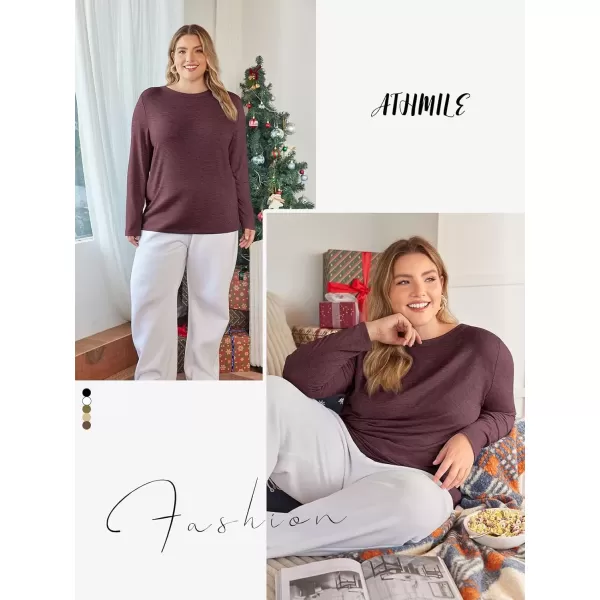 imageATHMILE Womens Long Sleeve Round Neck Shirts Basic Tee Casual Top Fall Trendy Tunic Outfits Fitted T ShirtsWine Red