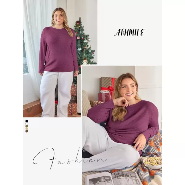 imageATHMILE Womens Long Sleeve Round Neck Shirts Basic Tee Casual Top Fall Trendy Tunic Outfits Fitted T ShirtsPurple Red