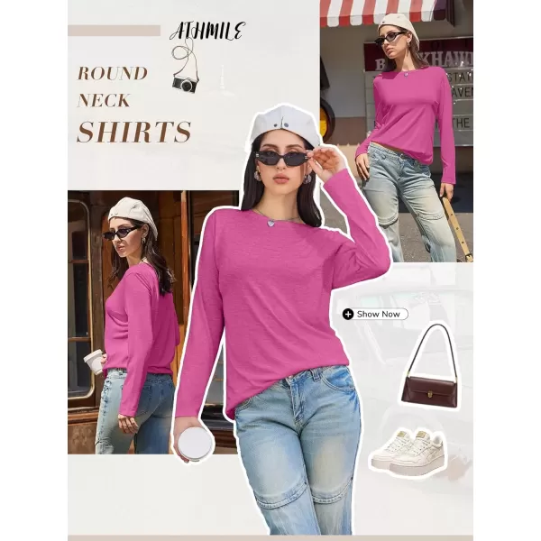 imageATHMILE Womens Long Sleeve Round Neck Shirts Basic Tee Casual Top Fall Trendy Tunic Outfits Fitted T ShirtsRoseo