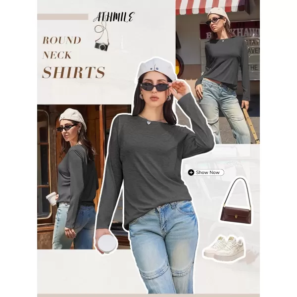 imageATHMILE Womens Long Sleeve Round Neck Shirts Basic Tee Casual Top Fall Trendy Tunic Outfits Fitted T ShirtsBlack Grey