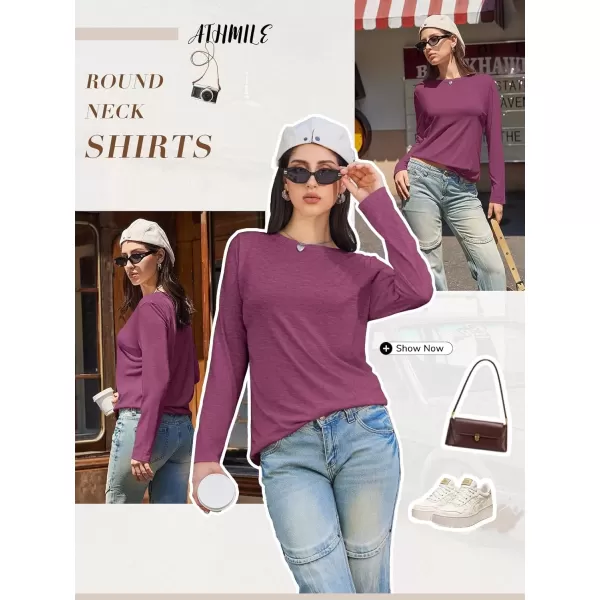 imageATHMILE Womens Long Sleeve Round Neck Shirts Basic Tee Casual Top Fall Trendy Tunic Outfits Fitted T ShirtsPurple Red
