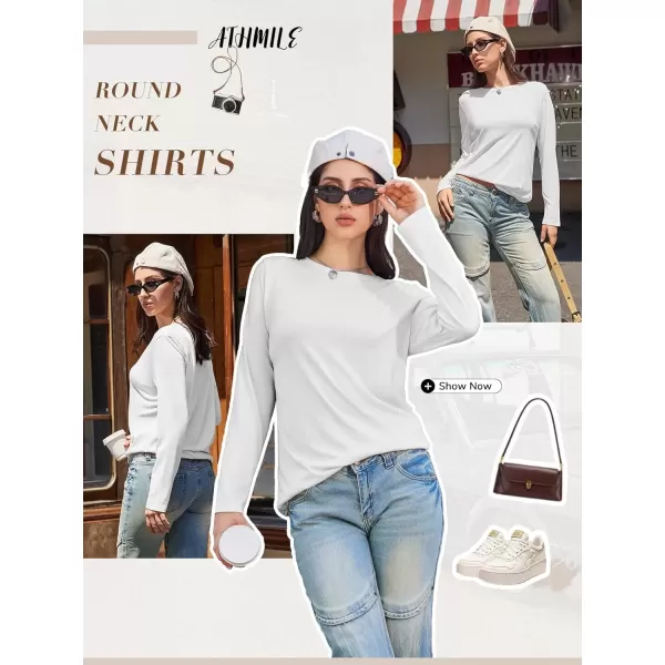 imageATHMILE Womens Long Sleeve Round Neck Shirts Basic Tee Casual Top Fall Trendy Tunic Outfits Fitted T ShirtsWhite