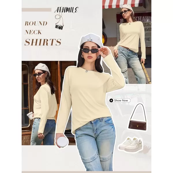 imageATHMILE Womens Long Sleeve Round Neck Shirts Basic Tee Casual Top Fall Trendy Tunic Outfits Fitted T ShirtsCream