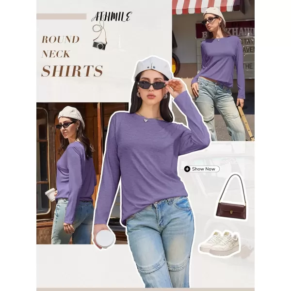 imageATHMILE Womens Long Sleeve Round Neck Shirts Basic Tee Casual Top Fall Trendy Tunic Outfits Fitted T ShirtsPurple