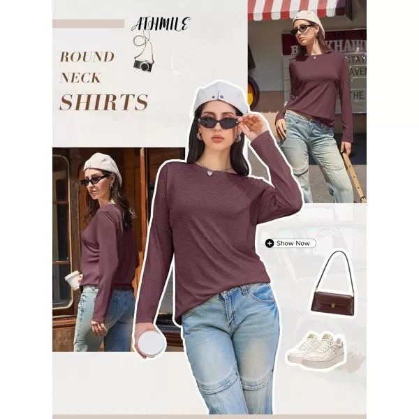 imageATHMILE Womens Long Sleeve Round Neck Shirts Basic Tee Casual Top Fall Trendy Tunic Outfits Fitted T ShirtsWine Red