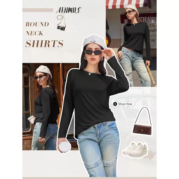 imageATHMILE Womens Long Sleeve Round Neck Shirts Basic Tee Casual Top Fall Trendy Tunic Outfits Fitted T ShirtsBlack