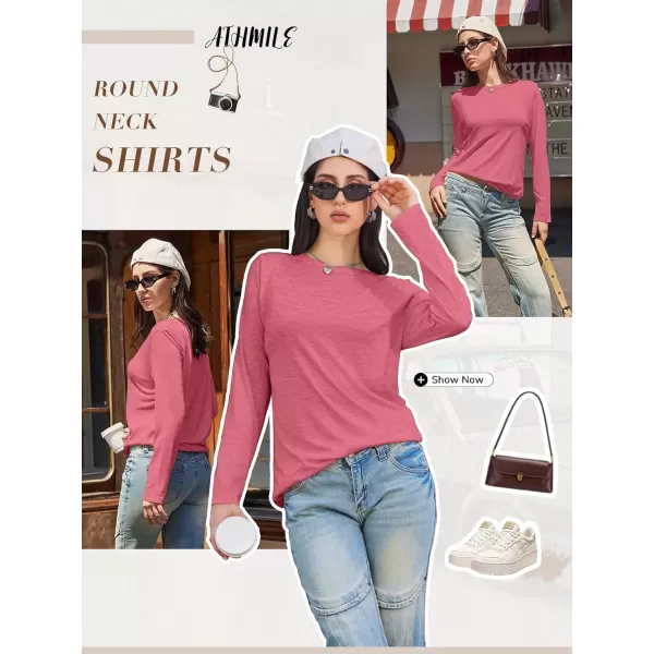 imageATHMILE Womens Long Sleeve Round Neck Shirts Basic Tee Casual Top Fall Trendy Tunic Outfits Fitted T ShirtsHot Pink