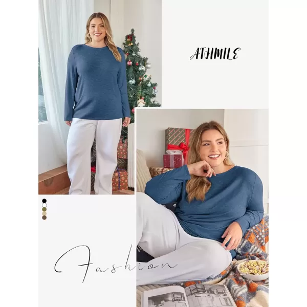 imageATHMILE Womens Long Sleeve Round Neck Shirts Basic Tee Casual Top Fall Trendy Tunic Outfits Fitted T ShirtsBlue
