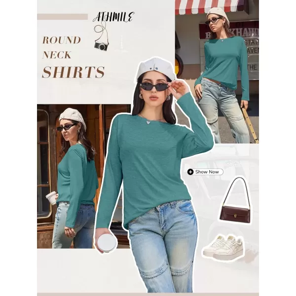 imageATHMILE Womens Long Sleeve Round Neck Shirts Basic Tee Casual Top Fall Trendy Tunic Outfits Fitted T ShirtsBlue Green