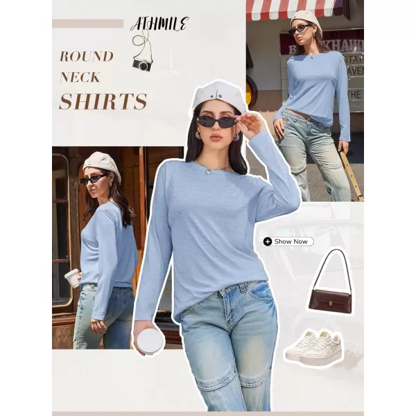 imageATHMILE Womens Long Sleeve Round Neck Shirts Basic Tee Casual Top Fall Trendy Tunic Outfits Fitted T ShirtsIce Blue