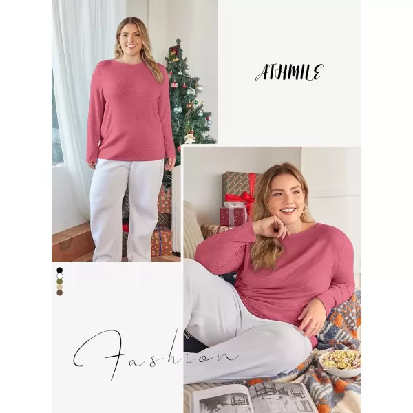 imageATHMILE Womens Long Sleeve Round Neck Shirts Basic Tee Casual Top Fall Trendy Tunic Outfits Fitted T ShirtsHot Pink