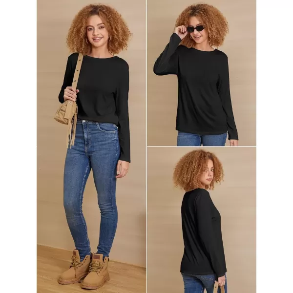 imageATHMILE Womens Long Sleeve Round Neck Shirts Basic Tee Casual Top Fall Trendy Tunic Outfits Fitted T ShirtsBlack