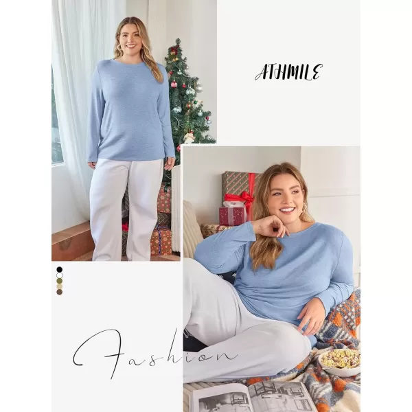 imageATHMILE Womens Long Sleeve Round Neck Shirts Basic Tee Casual Top Fall Trendy Tunic Outfits Fitted T ShirtsIce Blue