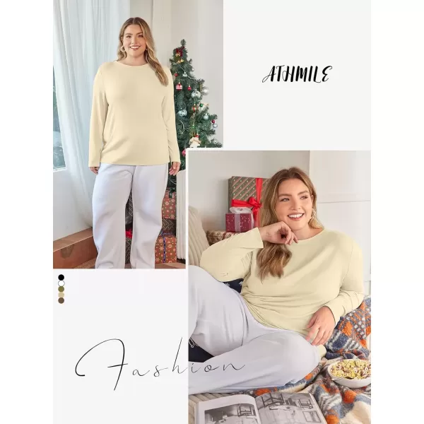 imageATHMILE Womens Long Sleeve Round Neck Shirts Basic Tee Casual Top Fall Trendy Tunic Outfits Fitted T ShirtsCream