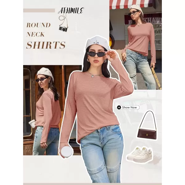 imageATHMILE Womens Long Sleeve Round Neck Shirts Basic Tee Casual Top Fall Trendy Tunic Outfits Fitted T ShirtsPink