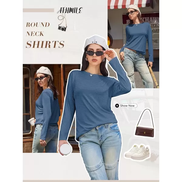 imageATHMILE Womens Long Sleeve Round Neck Shirts Basic Tee Casual Top Fall Trendy Tunic Outfits Fitted T ShirtsBlue