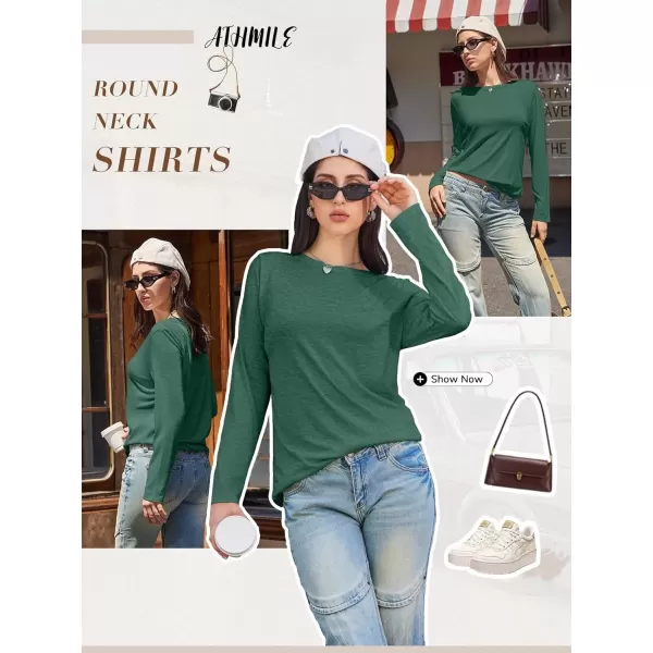 imageATHMILE Womens Long Sleeve Round Neck Shirts Basic Tee Casual Top Fall Trendy Tunic Outfits Fitted T ShirtsDark Green