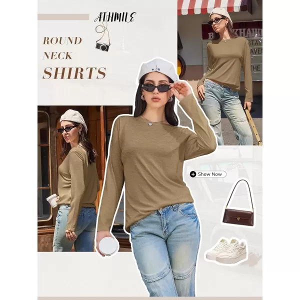 imageATHMILE Womens Long Sleeve Round Neck Shirts Basic Tee Casual Top Fall Trendy Tunic Outfits Fitted T ShirtsCoffee