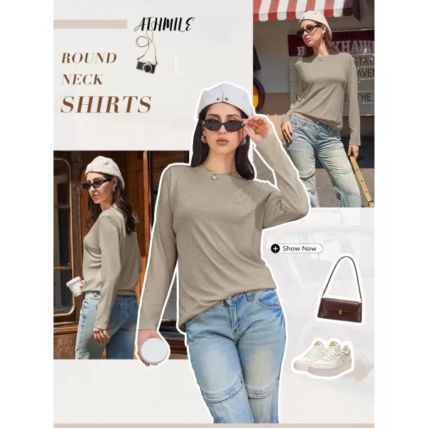imageATHMILE Womens Long Sleeve Round Neck Shirts Basic Tee Casual Top Fall Trendy Tunic Outfits Fitted T ShirtsKhaki