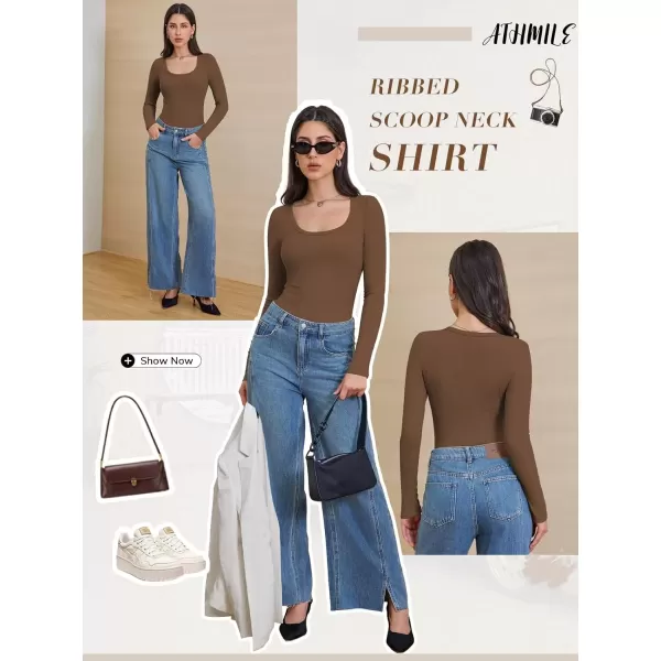 imageATHMILE Womens Long Sleeve Scoop Neck Ribbed Knit Fitted Casual Tops Tee Slim Basic ShirtsBrown