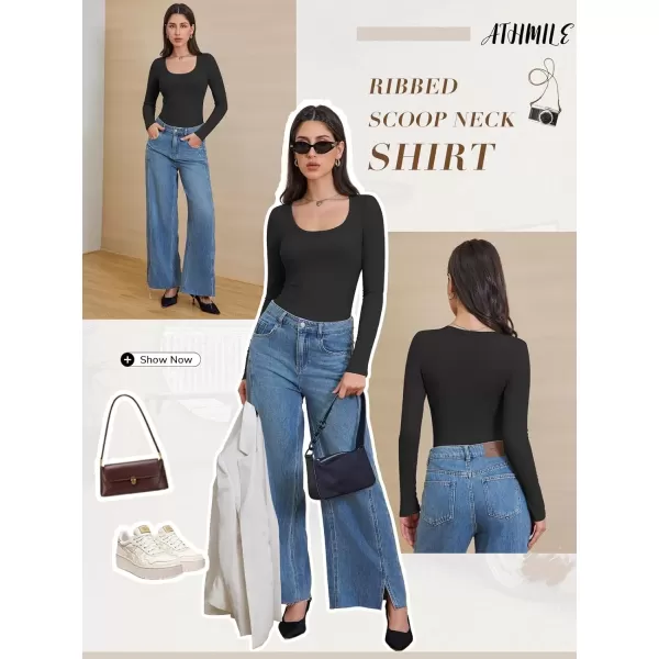 imageATHMILE Womens Long Sleeve Scoop Neck Ribbed Knit Fitted Casual Tops Tee Slim Basic ShirtsBlack