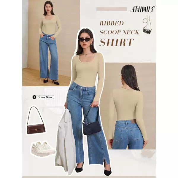imageATHMILE Womens Long Sleeve Scoop Neck Ribbed Knit Fitted Casual Tops Tee Slim Basic ShirtsBeige